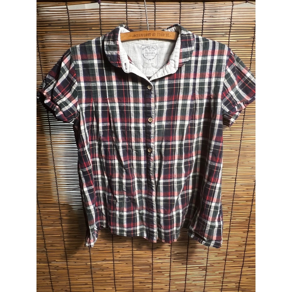 Oshara M Plaid Button Down Shirt Red Navy White Peter Pan Collar Cotton